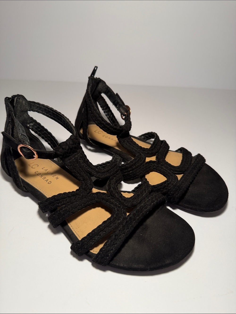 LC Lauren Conrad Black Braided Ankle-Strap Flat Sandals
